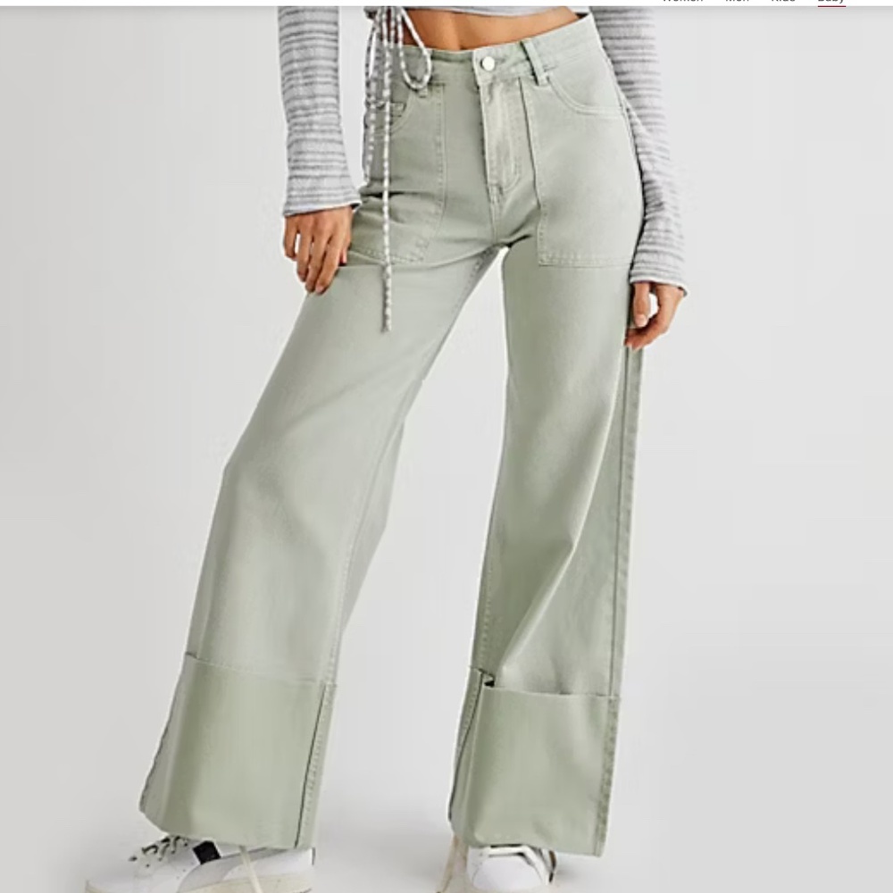 Free People Milk It Forbid Jeans Mint Green Oversized Wide Leg Folded Hem Sz 32